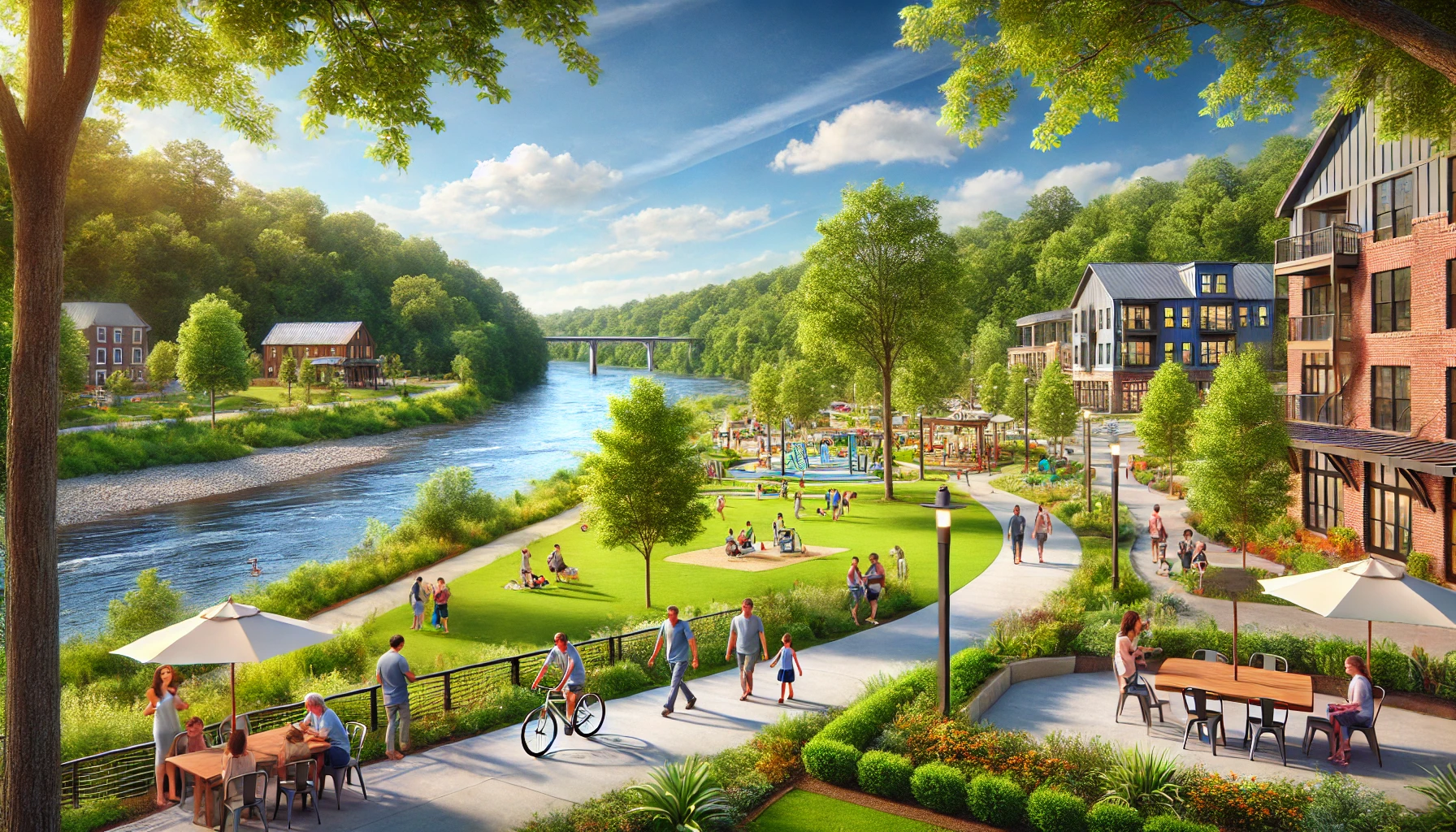 A scene of residents enjoying outdoor activities at the Etowah River Greenway in Canton, GA with walking and biking trails, green lawns, and the river.