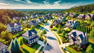 A scenic view of one of the top neighborhoods in Canton, GA. The neighborhood features beautiful homes, tree-lined streets, and friendly community spa