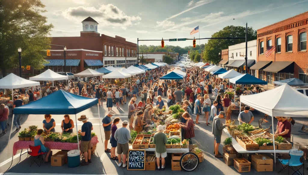 A lively scene at the Canton Farmers Market in Canton, GA with vendors selling fresh produce, handmade crafts, and local delicacies under a sunny, clear sky.