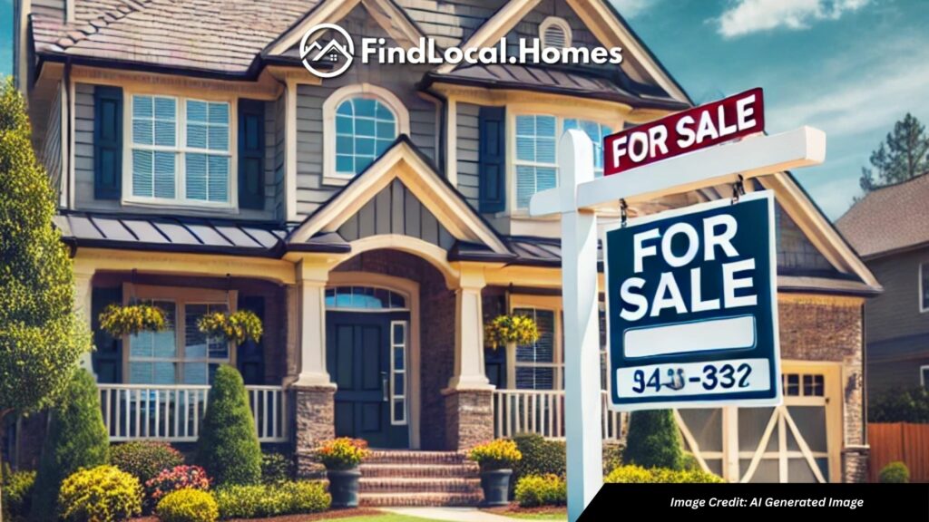 A beautiful suburban house in Canton, GA with a 'For Sale' sign in the front yard, well-maintained landscaping, and a clear blue sky.