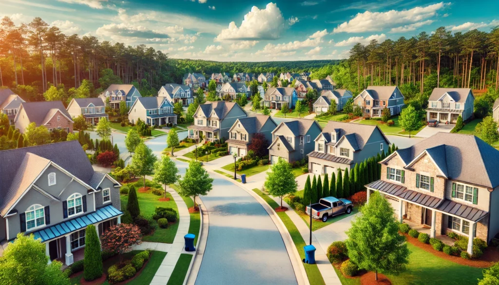 A beautiful suburban neighborhood in Canton, GA featuring well-maintained houses, tree-lined streets, and a clear blue sky.