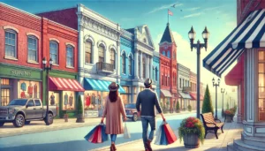 A realistic scene of two people shopping in downtown Canton, GA. They are walking along charming shops with historic buildings in the background.