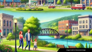 A welcoming scene of Canton, GA featuring the downtown area with historic buildings, a family walking in a park, and the scenic Etowah River under a clear blue sky.