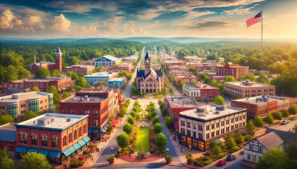 A scenic view of Canton, GA featuring a blend of historic buildings, modern developments, and lush greenery under clear blue skies.