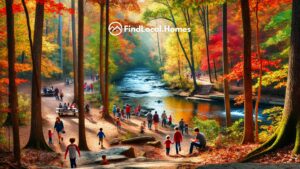 A scenic fall hike in Etowah River Park in Canton, GA, with families walking on trails surrounded by autumn foliage and enjoying a picnic.